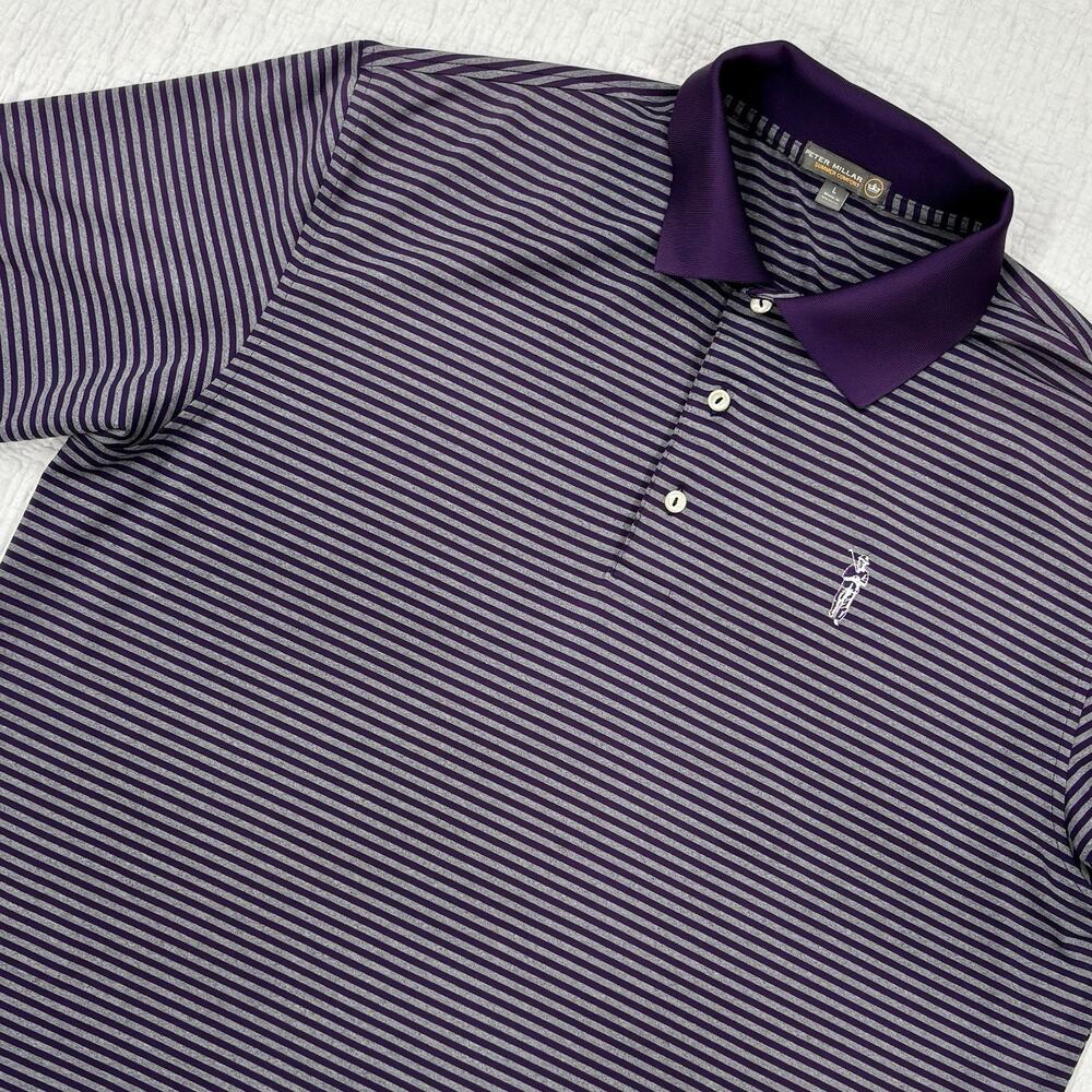 Peter Millar Mens Large Polo Summer Comfort Purple Striped Golfer Logo